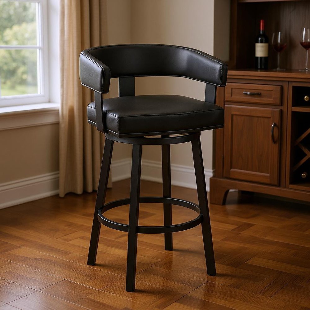 30" Black Faux Leather And Fabric And Iron Low Back Bar Height Swivel Bar Chair HomeRoots