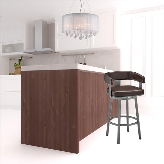 30" Chocolate And Gray Faux Leather And Iron Swivel Low Back Bar Height Bar Chair HomeRoots