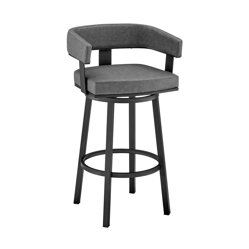30" Gray And Black Fabric And Iron Low Back Bar Height Swivel Bar Chair HomeRoots