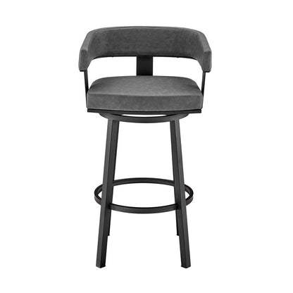 30" Gray And Black Fabric And Iron Low Back Bar Height Swivel Bar Chair HomeRoots