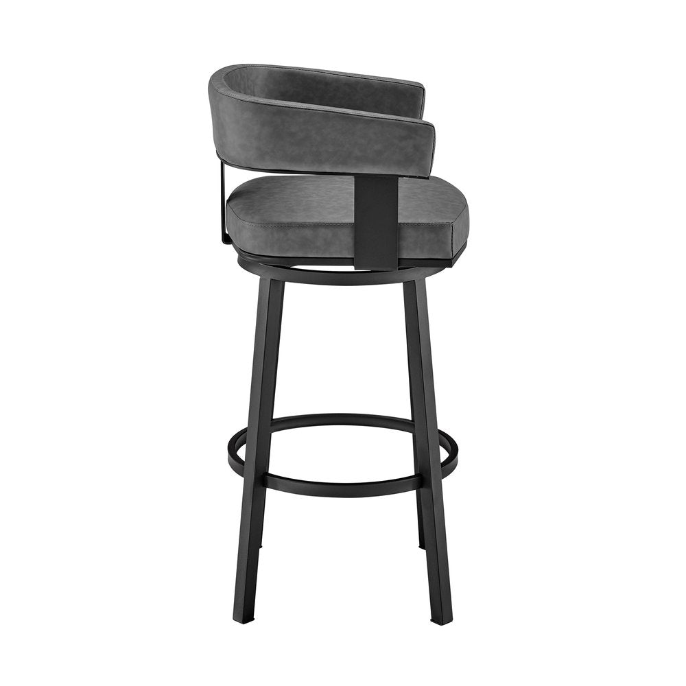 30" Gray And Black Fabric And Iron Low Back Bar Height Swivel Bar Chair HomeRoots