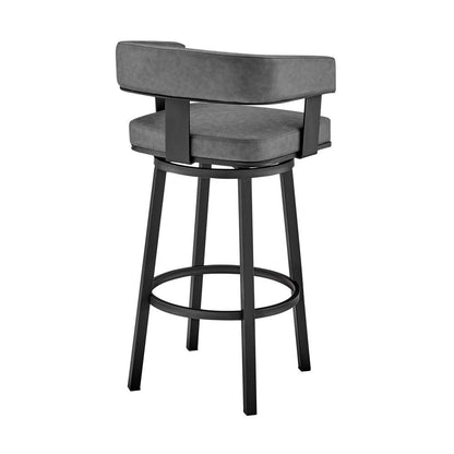 30" Gray And Black Fabric And Iron Low Back Bar Height Swivel Bar Chair HomeRoots