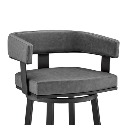 30" Gray And Black Fabric And Iron Low Back Bar Height Swivel Bar Chair HomeRoots