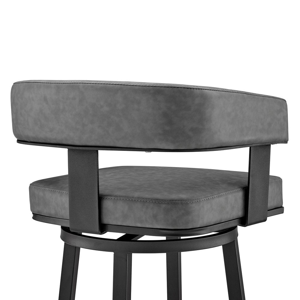 30" Gray And Black Fabric And Iron Low Back Bar Height Swivel Bar Chair HomeRoots
