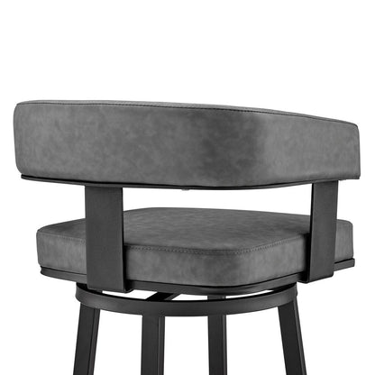 30" Gray And Black Fabric And Iron Low Back Bar Height Swivel Bar Chair HomeRoots