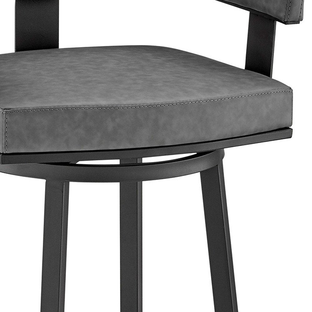 30" Gray And Black Fabric And Iron Low Back Bar Height Swivel Bar Chair HomeRoots