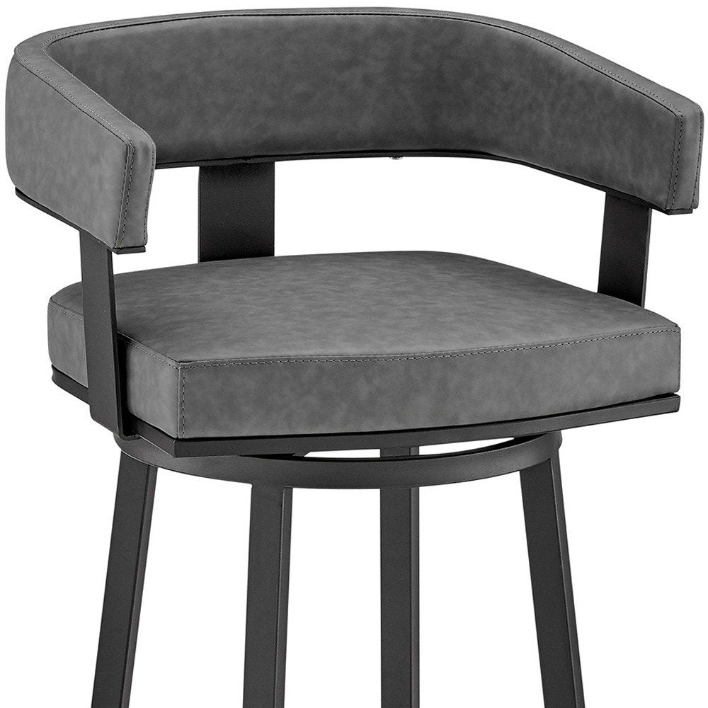 30" Gray And Black Fabric And Iron Low Back Bar Height Swivel Bar Chair HomeRoots