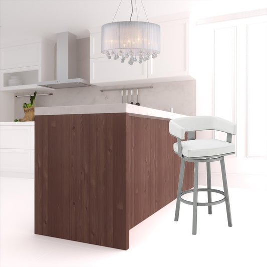 30" White And Gray Faux Leather And Iron Swivel Low Back Bar Height Bar Chair HomeRoots