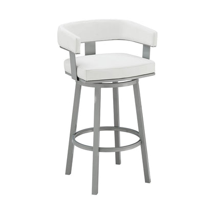 30" White And Gray Faux Leather And Fabric And Iron Low Back Bar Height Swivel Bar Chair HomeRoots