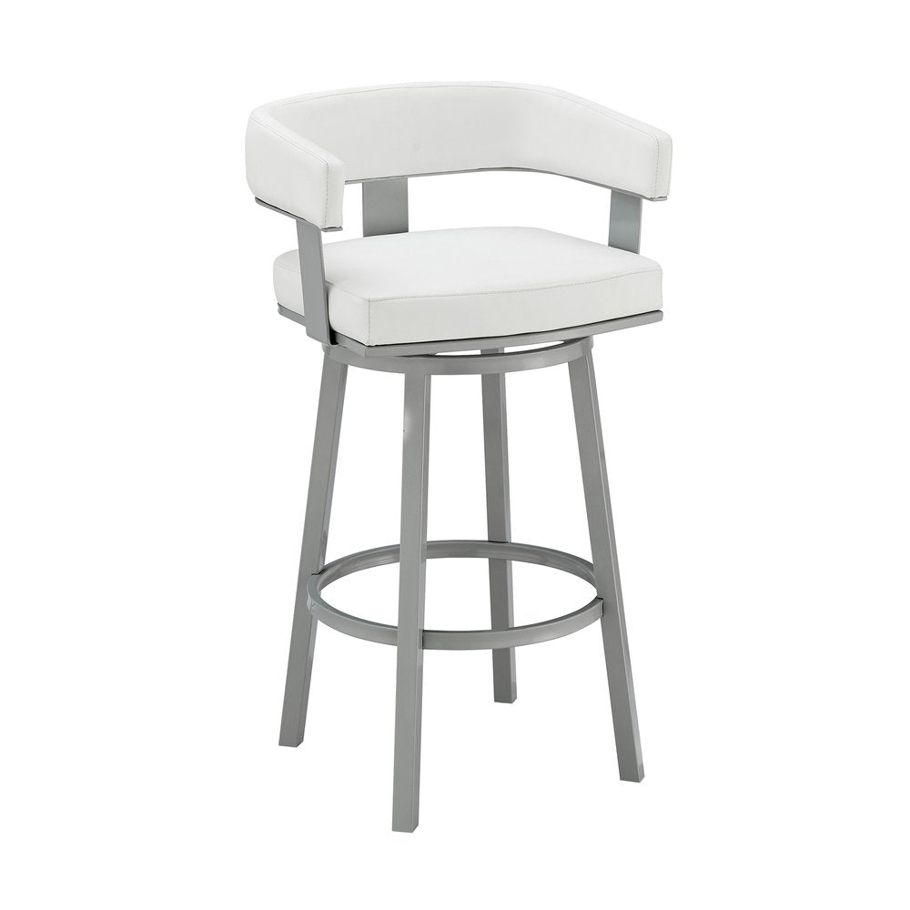 30" White And Gray Faux Leather And Fabric And Iron Low Back Bar Height Swivel Bar Chair HomeRoots