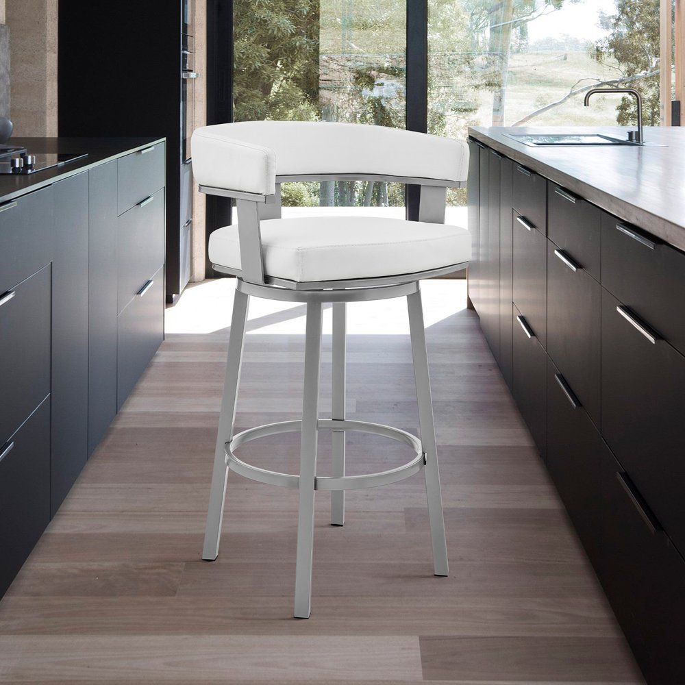 30" White And Gray Faux Leather And Iron Swivel Low Back Bar Height Bar Chair HomeRoots