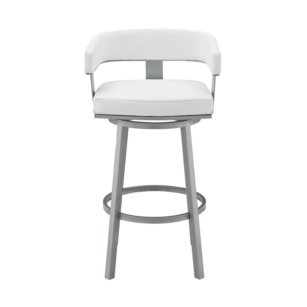 30" White And Gray Faux Leather And Fabric And Iron Low Back Bar Height Swivel Bar Chair HomeRoots