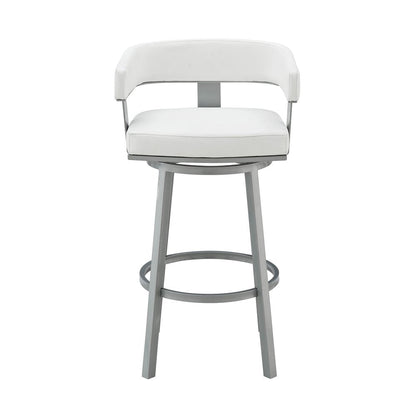 30" White And Gray Faux Leather And Fabric And Iron Low Back Bar Height Swivel Bar Chair HomeRoots