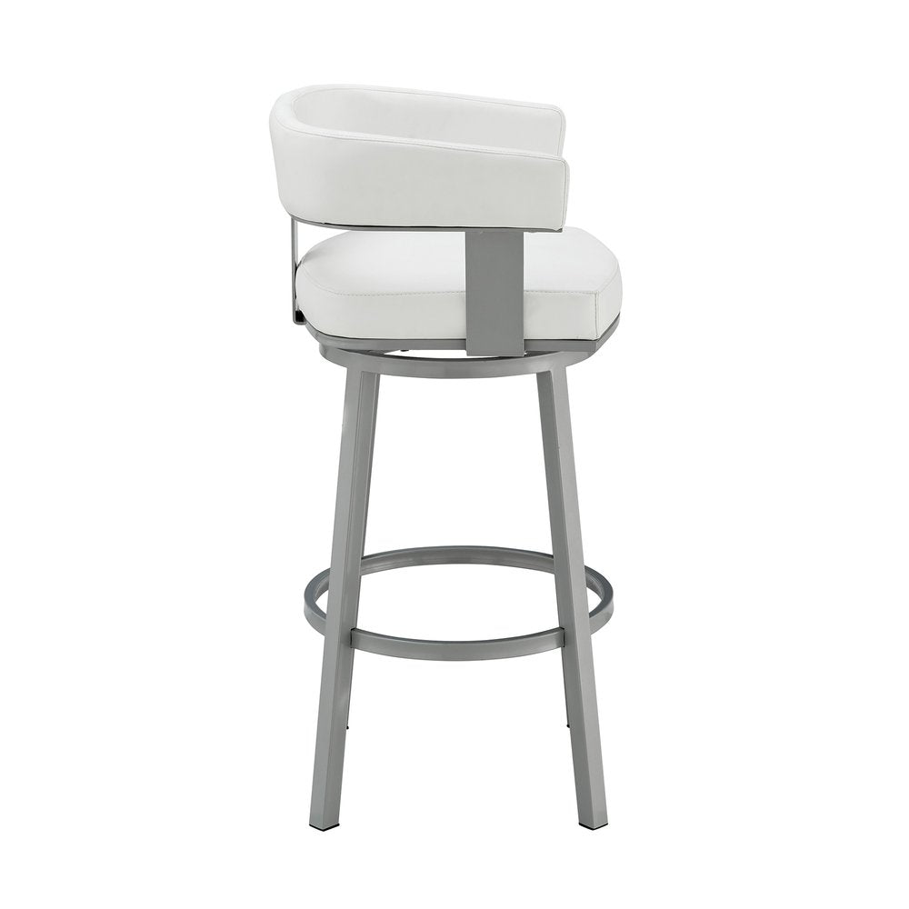 30" White And Gray Faux Leather And Iron Swivel Low Back Bar Height Bar Chair HomeRoots