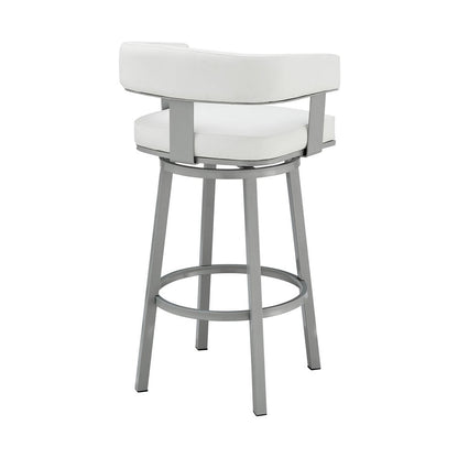 30" White And Gray Faux Leather And Fabric And Iron Low Back Bar Height Swivel Bar Chair HomeRoots