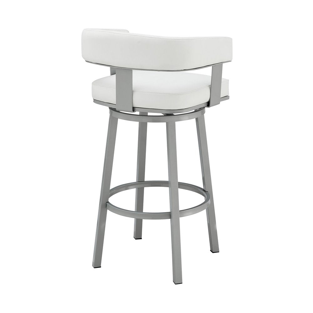 30" White And Gray Faux Leather And Iron Swivel Low Back Bar Height Bar Chair HomeRoots