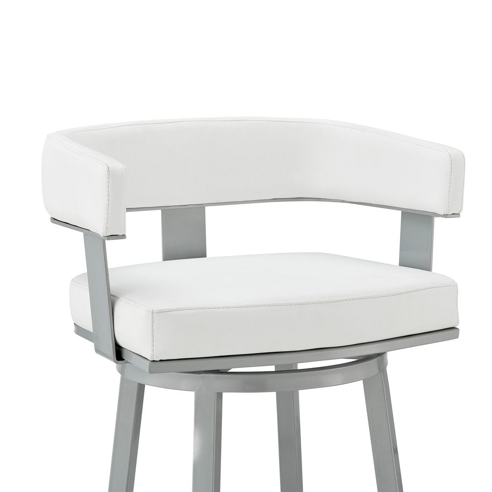 30" White And Gray Faux Leather And Iron Swivel Low Back Bar Height Bar Chair HomeRoots
