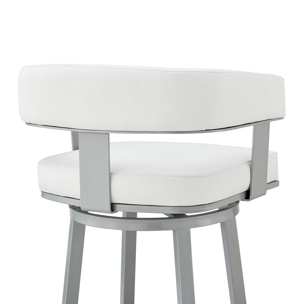 30" White And Gray Faux Leather And Iron Swivel Low Back Bar Height Bar Chair HomeRoots