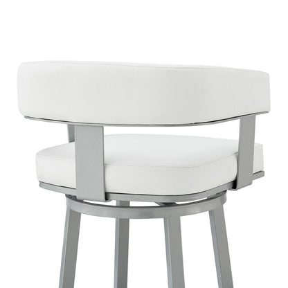 30" White And Gray Faux Leather And Fabric And Iron Low Back Bar Height Swivel Bar Chair HomeRoots