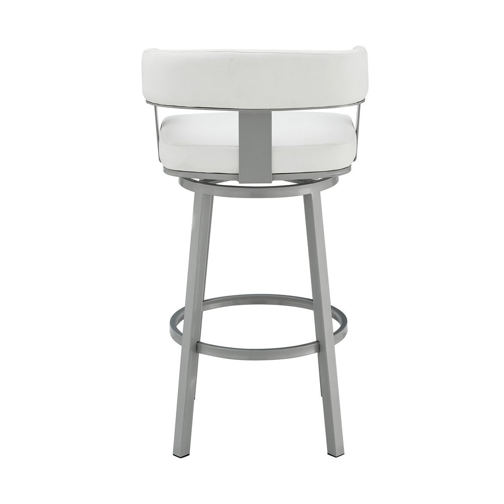 30" White And Gray Faux Leather And Fabric And Iron Low Back Bar Height Swivel Bar Chair HomeRoots