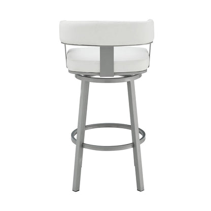 30" White And Gray Faux Leather And Iron Swivel Low Back Bar Height Bar Chair HomeRoots