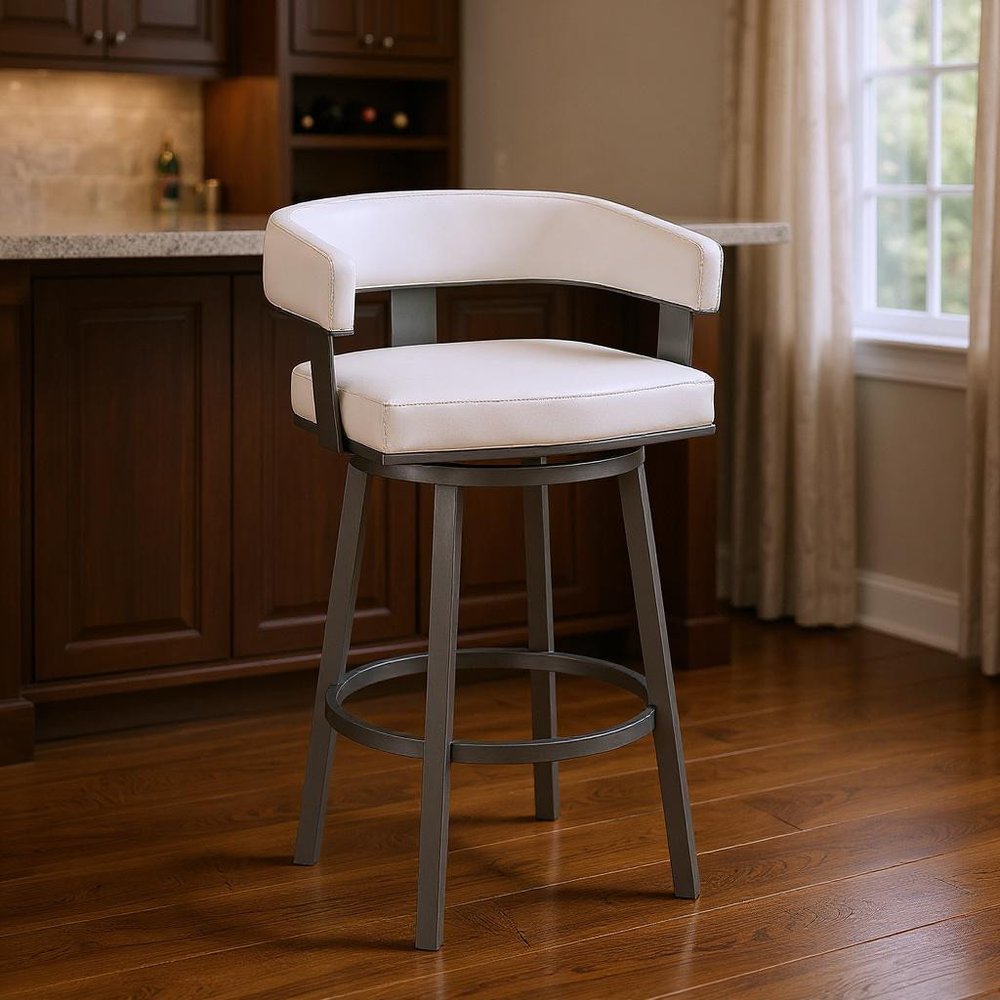 30" White And Gray Faux Leather And Iron Swivel Low Back Bar Height Bar Chair HomeRoots