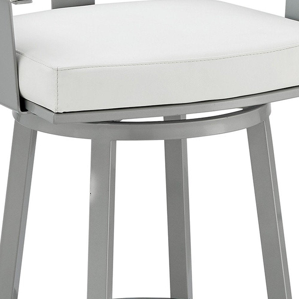 30" White And Gray Faux Leather And Fabric And Iron Low Back Bar Height Swivel Bar Chair HomeRoots