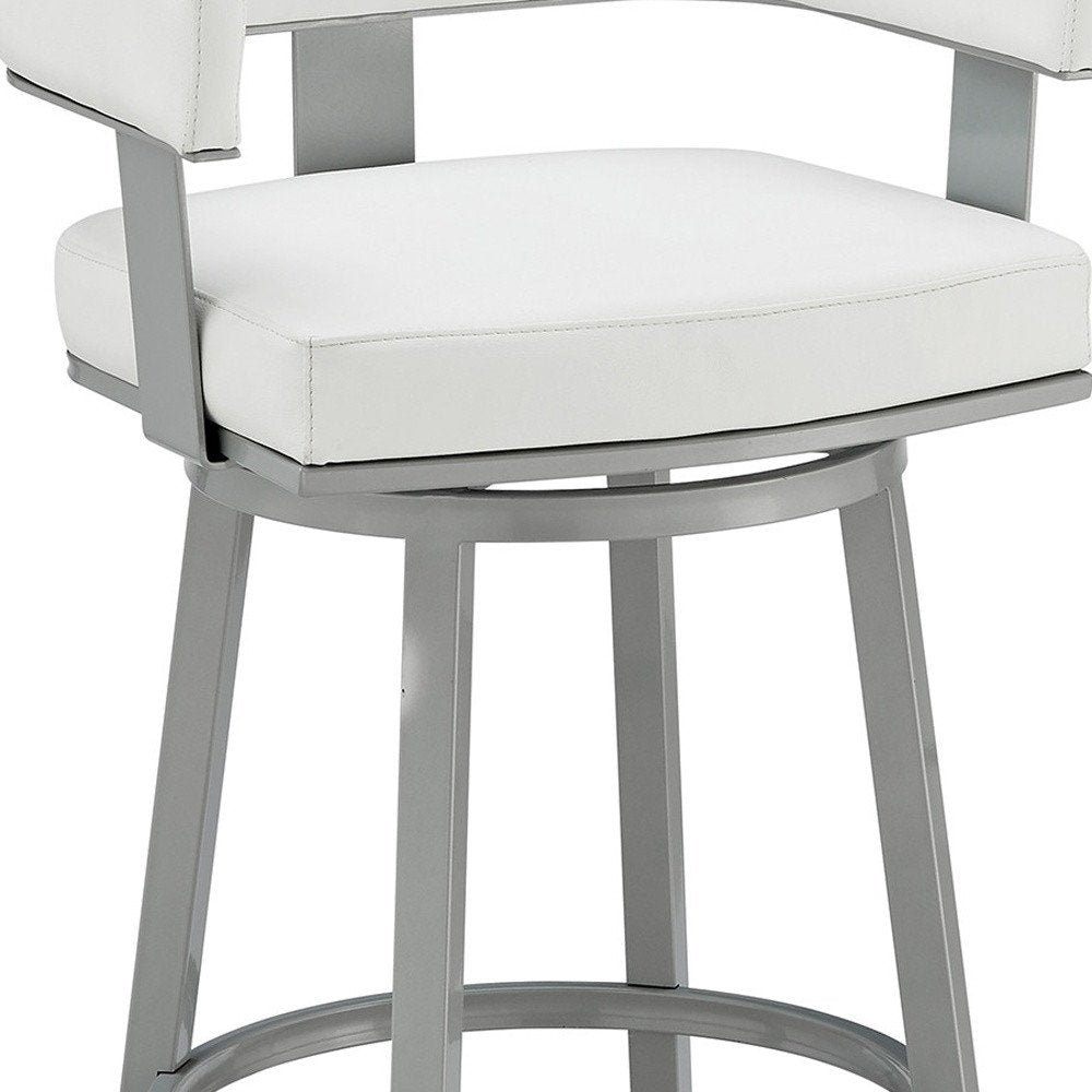 30" White And Gray Faux Leather And Fabric And Iron Low Back Bar Height Swivel Bar Chair HomeRoots