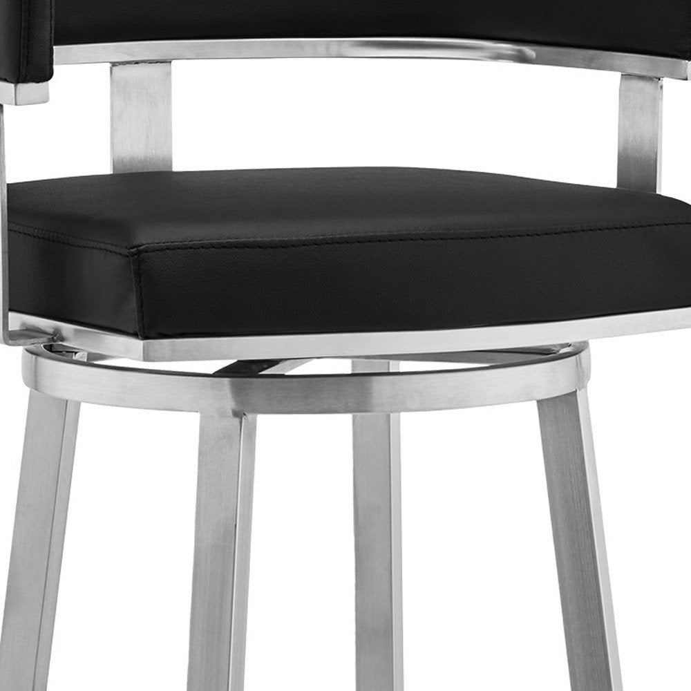 26" Black And Silver Faux Leather And Fabric And Iron Low Back Counter Height Swivel Bar Chair HomeRoots