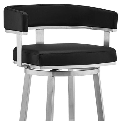 26" Black And Silver Faux Leather And Fabric And Iron Low Back Counter Height Swivel Bar Chair HomeRoots