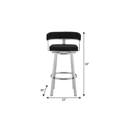 26" Black And Silver Faux Leather And Fabric And Iron Low Back Counter Height Swivel Bar Chair HomeRoots