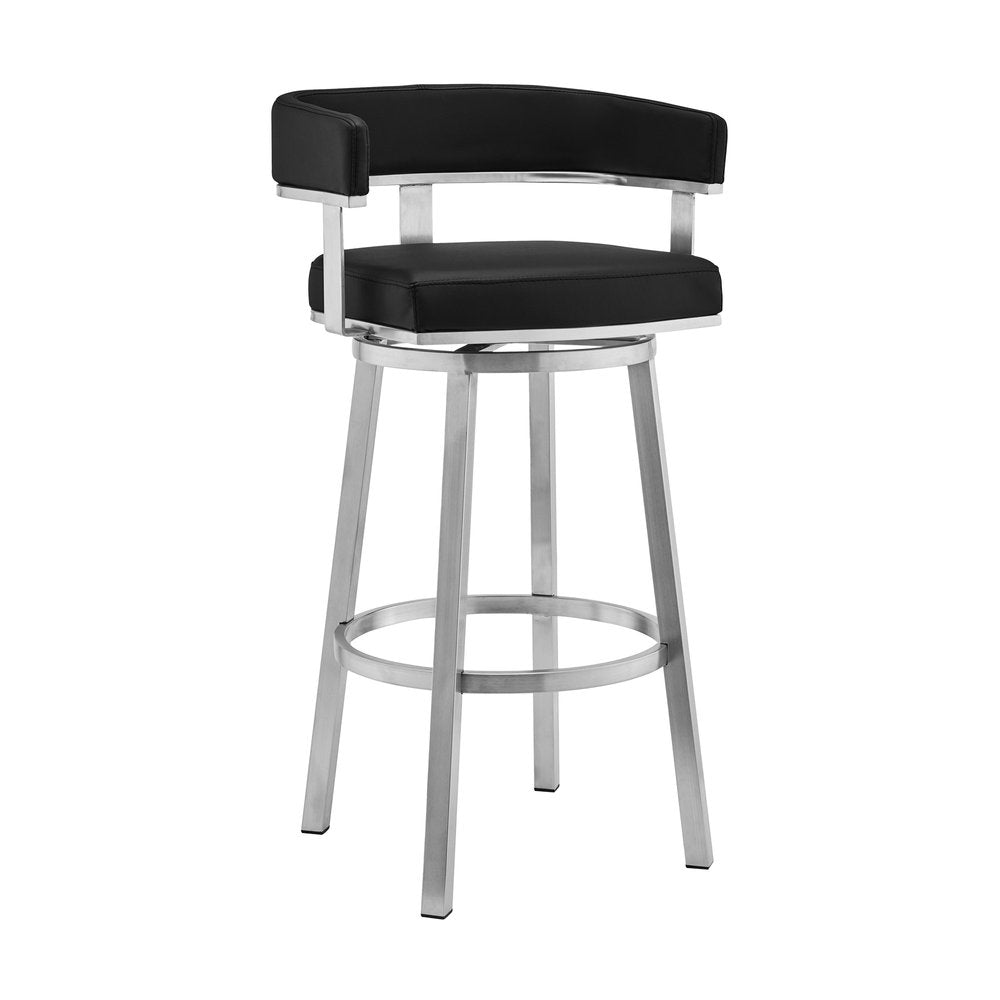 30" Black And Silver Faux Leather And Iron Swivel Low Back Bar Height Bar Chair HomeRoots