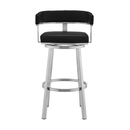 30" Black And Silver Faux Leather And Iron Swivel Low Back Bar Height Bar Chair HomeRoots