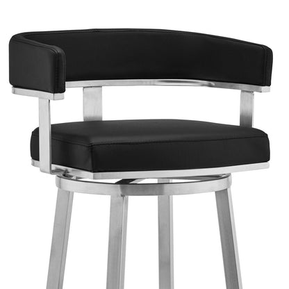 30" Black And Silver Faux Leather And Iron Swivel Low Back Bar Height Bar Chair HomeRoots