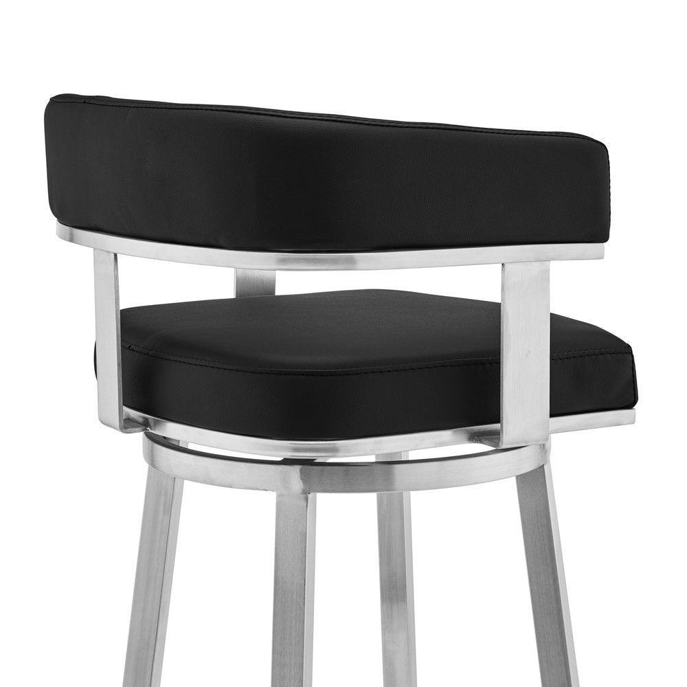 30" Black And Silver Faux Leather And Iron Swivel Low Back Bar Height Bar Chair HomeRoots