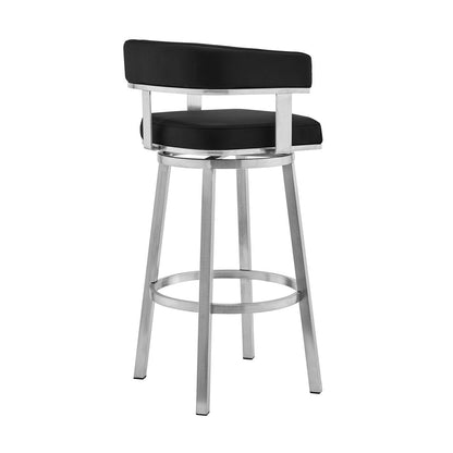 30" Black And Silver Faux Leather And Iron Swivel Low Back Bar Height Bar Chair HomeRoots