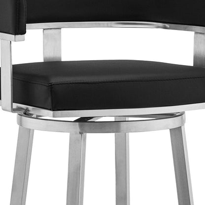 30" Black And Silver Faux Leather And Iron Swivel Low Back Bar Height Bar Chair HomeRoots