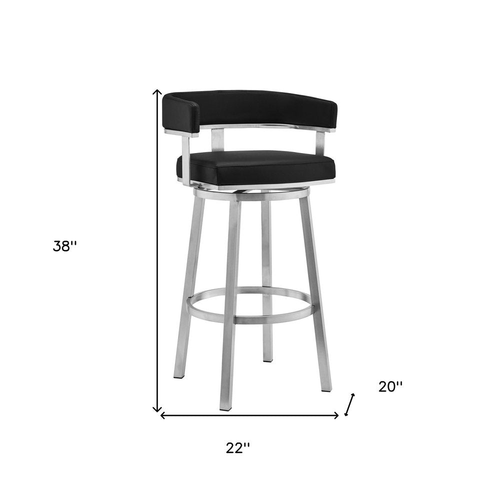 30" Black And Silver Faux Leather And Iron Swivel Low Back Bar Height Bar Chair HomeRoots