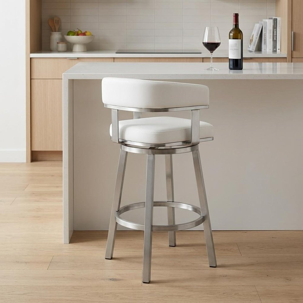 26" White And Silver Faux Leather And Fabric And Steel Low Back Counter Height Swivel Bar Chair HomeRoots
