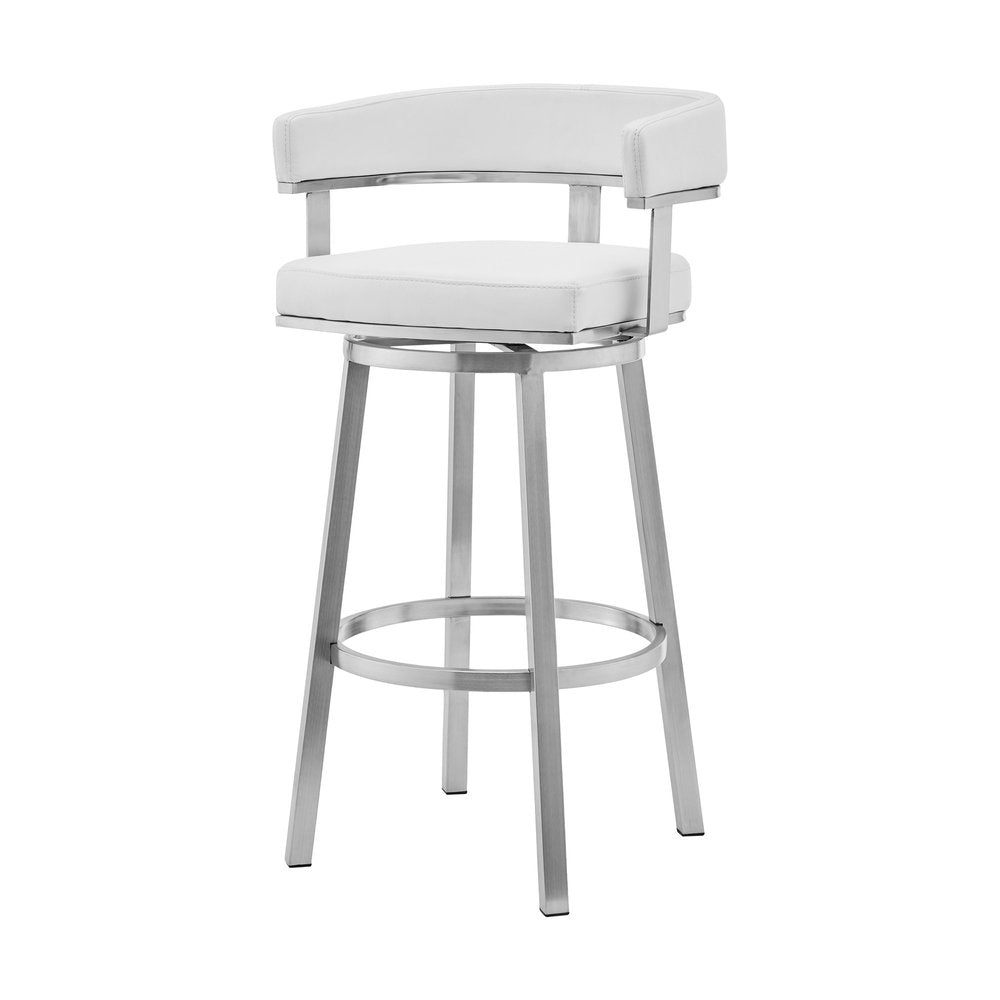 26" White And Silver Faux Leather And Fabric And Steel Low Back Counter Height Swivel Bar Chair HomeRoots