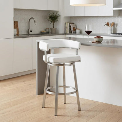 26" White And Silver Faux Leather And Fabric And Steel Low Back Counter Height Swivel Bar Chair HomeRoots