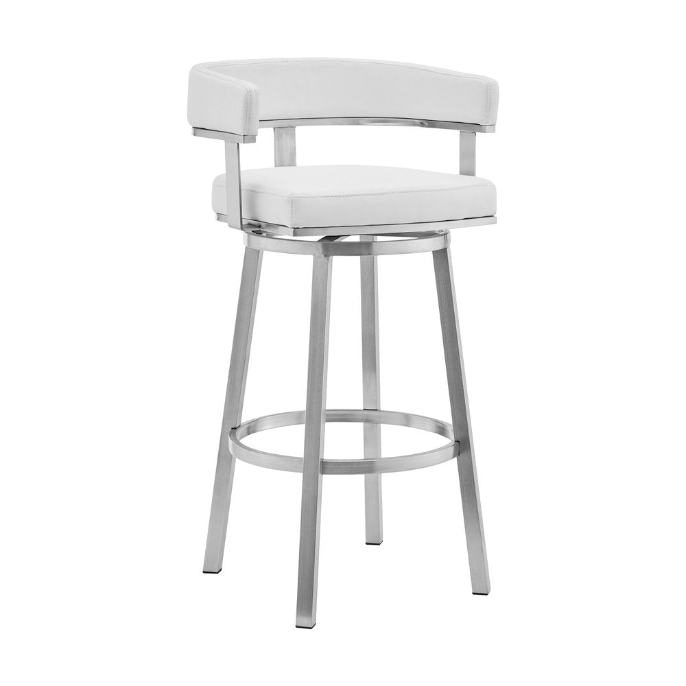 26" White And Silver Faux Leather And Fabric And Steel Low Back Counter Height Swivel Bar Chair HomeRoots