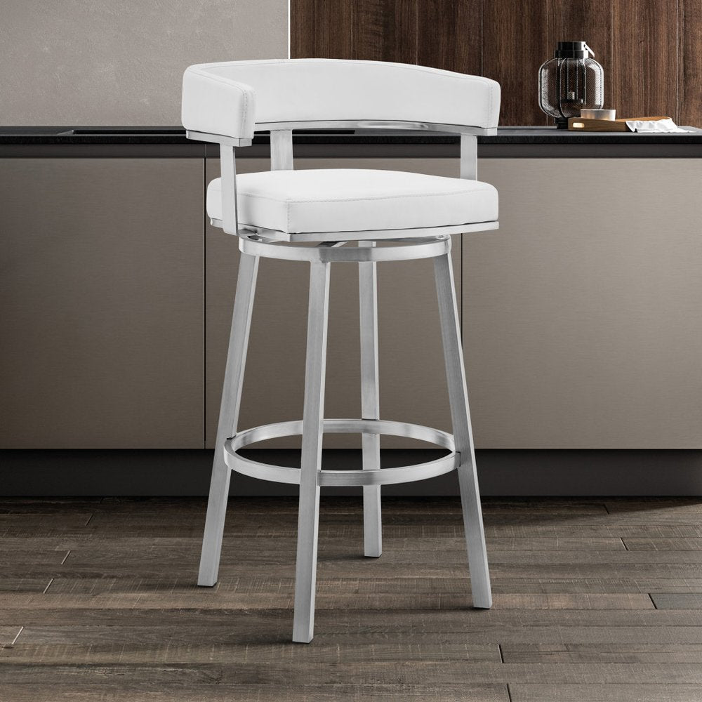 26" White And Silver Faux Leather And Fabric And Steel Low Back Counter Height Swivel Bar Chair HomeRoots