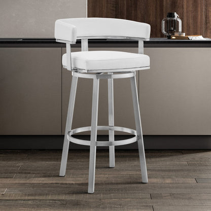 26" White And Silver Faux Leather And Fabric And Steel Low Back Counter Height Swivel Bar Chair HomeRoots