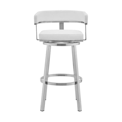 26" White And Silver Faux Leather And Fabric And Steel Low Back Counter Height Swivel Bar Chair HomeRoots