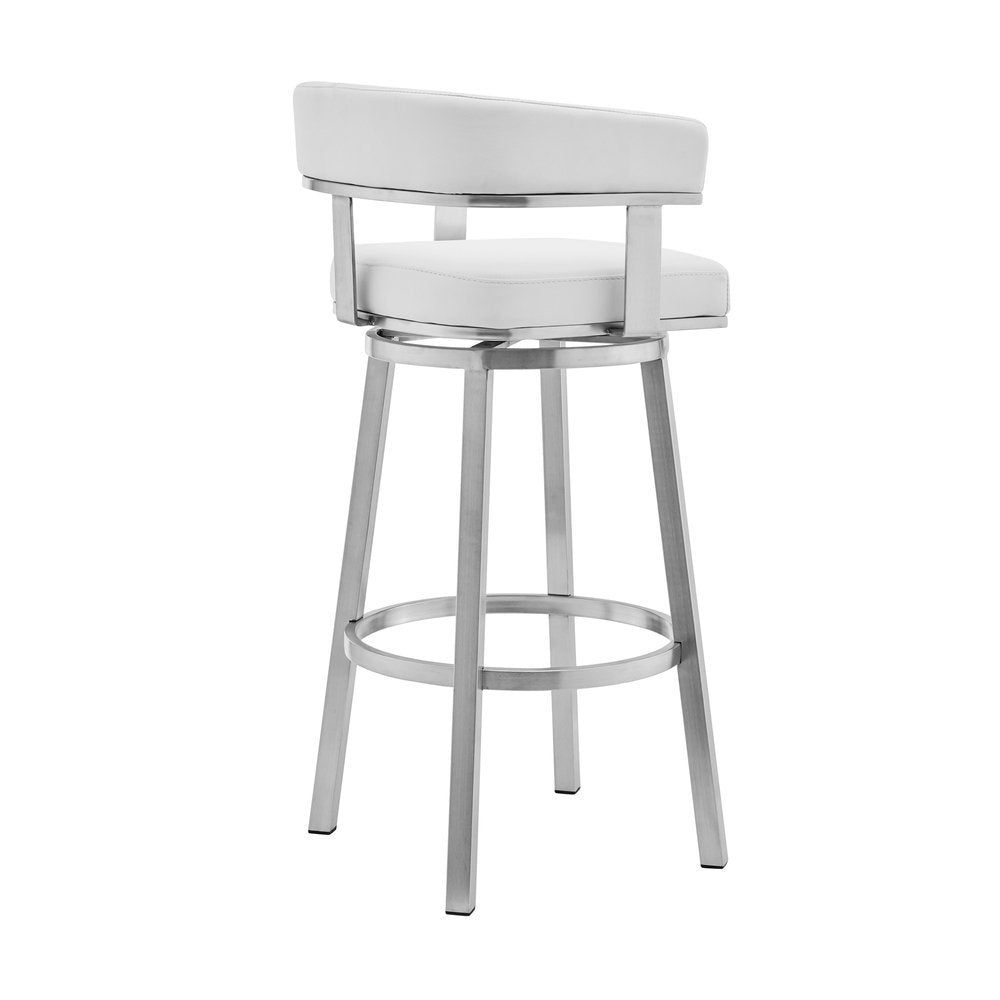 26" White And Silver Faux Leather And Fabric And Steel Low Back Counter Height Swivel Bar Chair HomeRoots