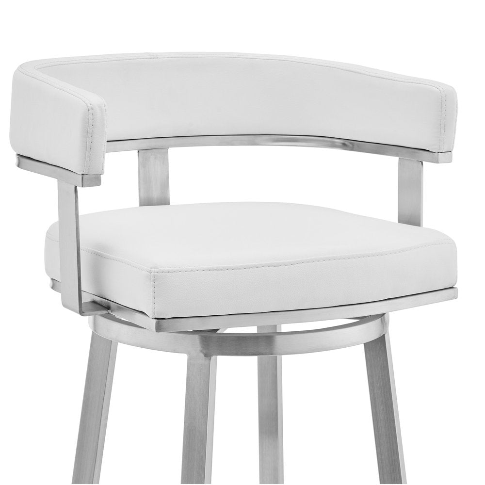 26" White And Silver Faux Leather And Fabric And Steel Low Back Counter Height Swivel Bar Chair HomeRoots