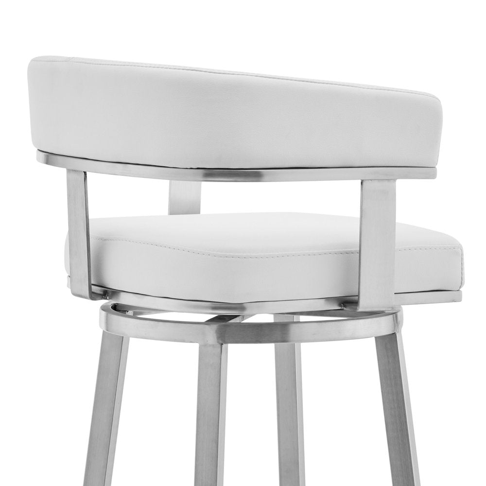 26" White And Silver Faux Leather And Fabric And Steel Low Back Counter Height Swivel Bar Chair HomeRoots