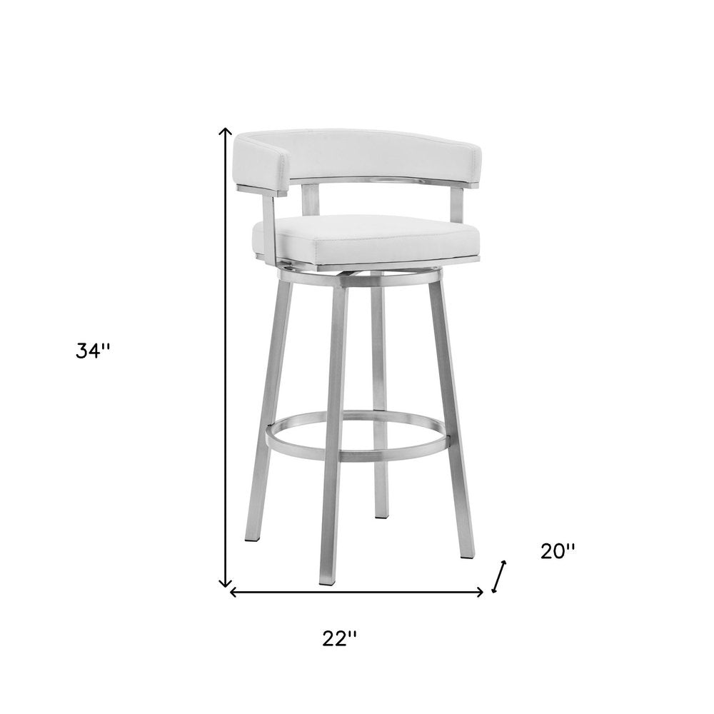 26" White And Silver Faux Leather And Fabric And Steel Low Back Counter Height Swivel Bar Chair HomeRoots