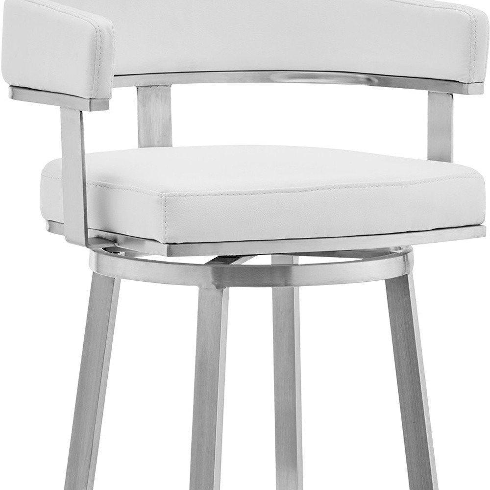 26" White And Silver Faux Leather And Fabric And Steel Low Back Counter Height Swivel Bar Chair HomeRoots